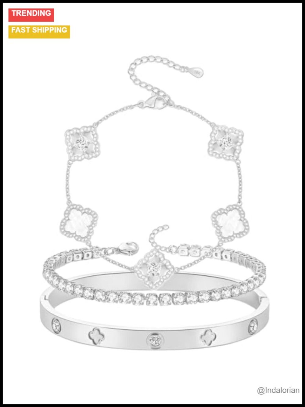 4 Leaf Clover Stacked Bracelet Set 18K White Gold Plated Cubic Zirconia Mother